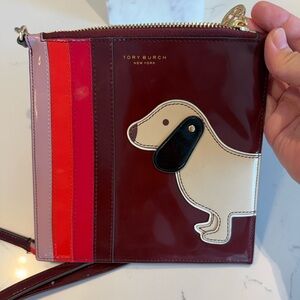Tory Burch Dachshund Appliqué Patent Leather Crossbody – Red Multi,Like New